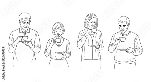 Diverse group of people enjoying hot beverages in a line drawing style