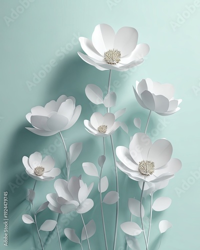 White Paper Flowers Arrangement On Light Teal Background