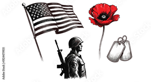 American flag, soldier, poppy, and dog tags symbolize remembrance and sacrifice for the nation
