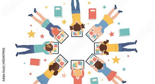 Vector illustration of diverse kids and a teacher reading digital books and ebooks on tablets in a colorful classroom setting celebrating children literacy