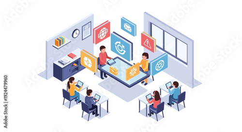 Isometric illustration of children and a teacher in a classroom with digital learning tools and literacy celebration elements
