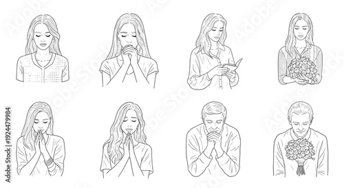 Diverse people in prayer and contemplation, line art illustrations for spiritual themes