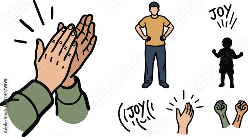 Colorful illustration of hands clapping with joy text and adult man standing with hands on hips in vector style for digital design canva svg png files