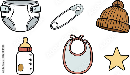 Hand drawn baby diapers safety pin brown knit hat feeding bottle tied bib and yellow star isolated on white background vector canva svg png clipart