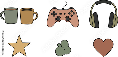 Flat design vector art of two coffee mugs game controller and headphones with star cloud and heart icons simple minimalist style in muted earth tone colors