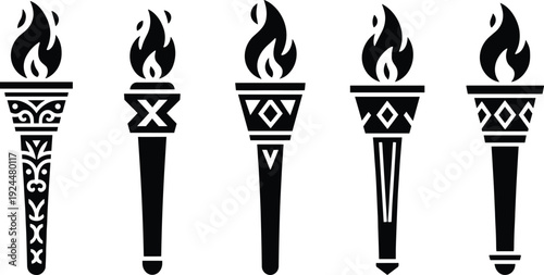 Set of Torch Icons with Burning Fire Flame Featuring Tribal Patterns and Geometric Designs for Sports Achievement Awards Olympic Games Celebrations and Ancient Lighting