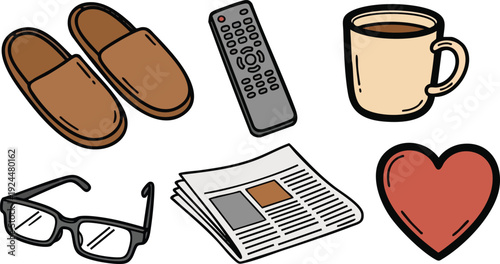 Hand drawn cozy slippers remote control newspaper eyeglasses cup of coffee and red heart vector illustration in minimalist style on white background