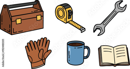 Flat design brown toolbox with leather gloves measuring tape wrench blue coffee mug and open book vector illustration set with detailed outlines and muted colors