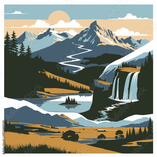 Mountain Landscape with Waterfall vector