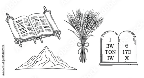 Religious symbols including Torah scroll, Mount Sinai, wheat, and Ten Commandments