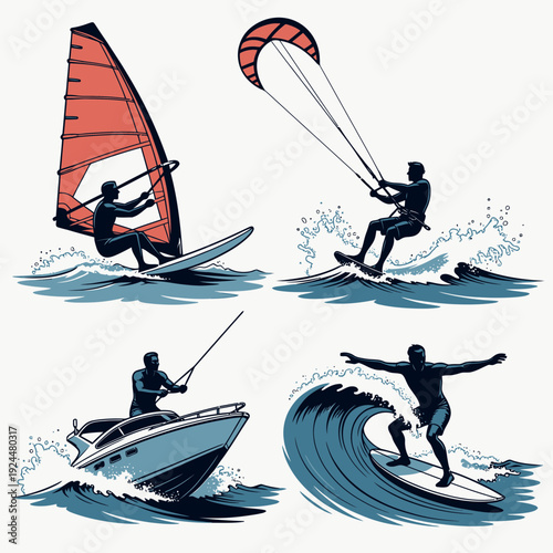 Wind Surfer and Jet Skier in Action vector