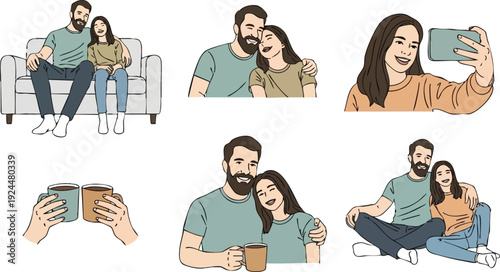 Colorful illustration of young couple sitting on couch smiling hugging taking selfie drinking coffee together enjoying casual moments in minimalist vector style with warm colors
