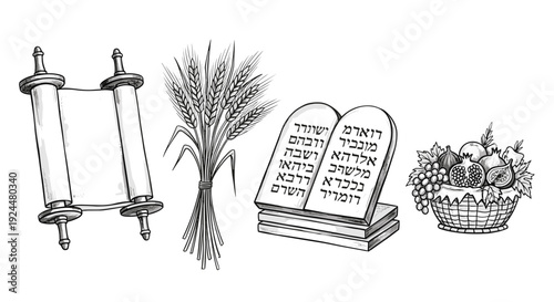 Torah scroll, wheat, Ten Commandments, and fruit basket illustration