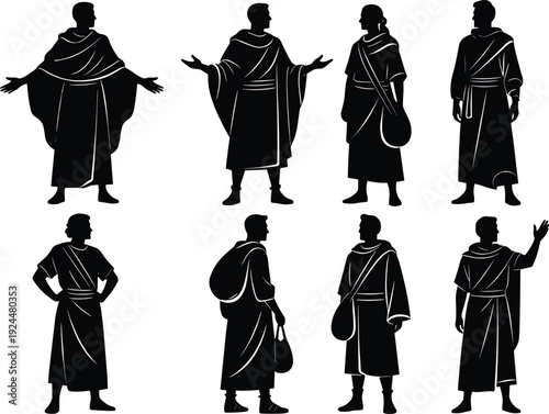 Black Silhouette Set of Ancient People Wearing Traditional Robes and Togas Featuring Biblical Characters Roman Citizens Greek Philosophers