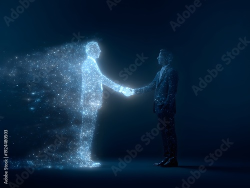 Digital Handshake: A businessman engages in a handshake with a luminous, ethereal digital entity, symbolizing the fusion of human and artificial intelligence in the modern technological landscape.