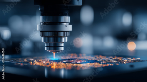 Precision laser machine processing microchip surface for advanced semiconductor manufacturing and electronics production concept.
