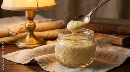 Thick Unctuous Vanilla Sauce Being Scooped from a Glass Jar with a Spoon
