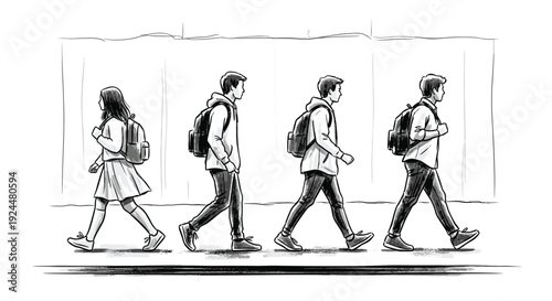 Diverse group of students walking with backpacks, representing education and youth