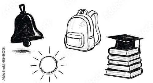 Hand-drawn icons of school bell, backpack, sun, and graduation cap on books