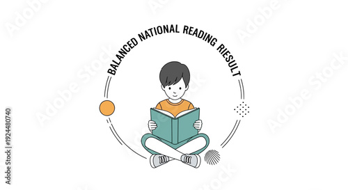 A cartoon boy reads a digital book in a classroom setting with a woman teacher, promoting literacy and learning through a tablet and ebook