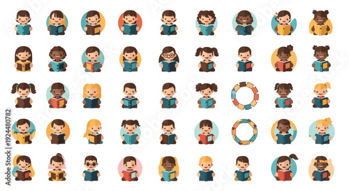 Vector illustration of diverse children and a teacher celebrating Read Across America Day with digital learning and literacy concept in a classroom setting