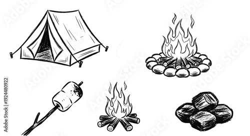 Hand-drawn camping elements including a tent, campfire, marshmallow on a stick, and charcoal briquettes