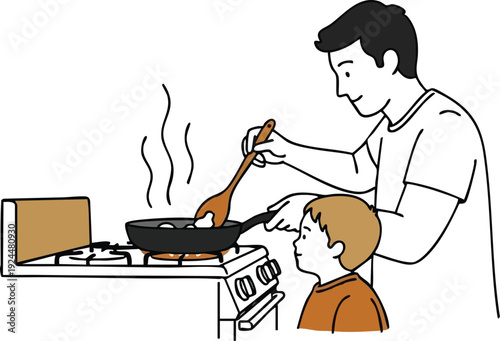 Minimalist line art illustration of man cooking with child watching closely by stove in kitchen scene simple colors vector canva svg png included