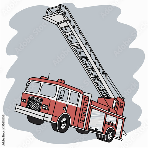 Classic red fire engine with extended aerial ladder reaching into sky for emergency rescue services