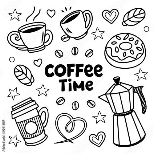 Hand-drawn coffee time doodle collection with steaming mugs, Moka pot, takeaway cup, donut, hearts, stars, and coffee beans