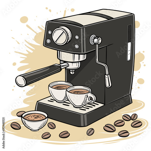 Espresso coffee machine serving two hot cups with scattered coffee beans, illustrating cafe culture and morning ritual