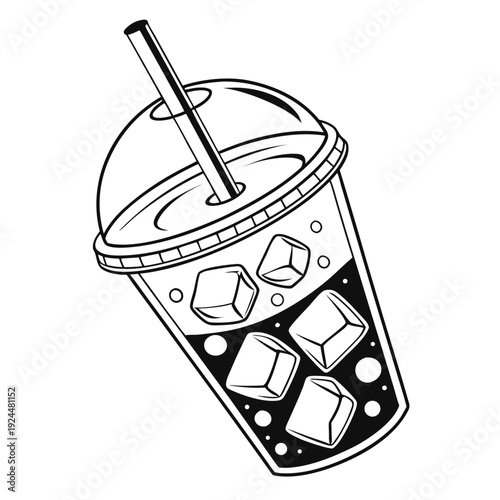 Iced beverage in disposable cup with domed lid and straw, ice cubes floating, monochrome illustration for summer drinks