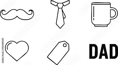 Minimalist black line icons of mustache tie coffee mug heart tag and bold dad text for fathers day vector design collection canva svg png style