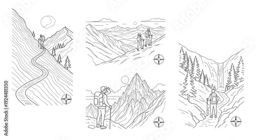 Hikers explore diverse mountain landscapes with compasses, showcasing adventure and exploration