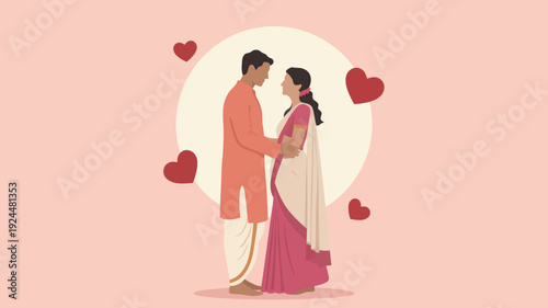 Minimalist illustration of a couple in traditional attire embracing under hearts