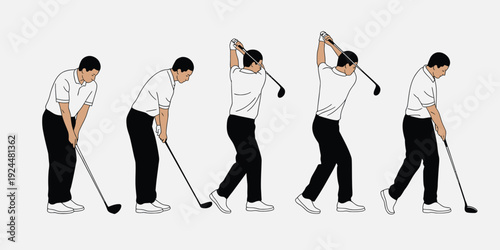 Illustration of a golfer in various stages of a golf swing, showcasing technique and motion sequence.