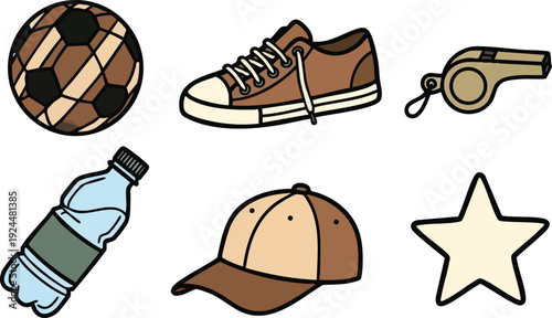 Flat design illustrated set of brown soccer ball sneaker whistle water bottle cap and star icons in simple vector style isolated on white background