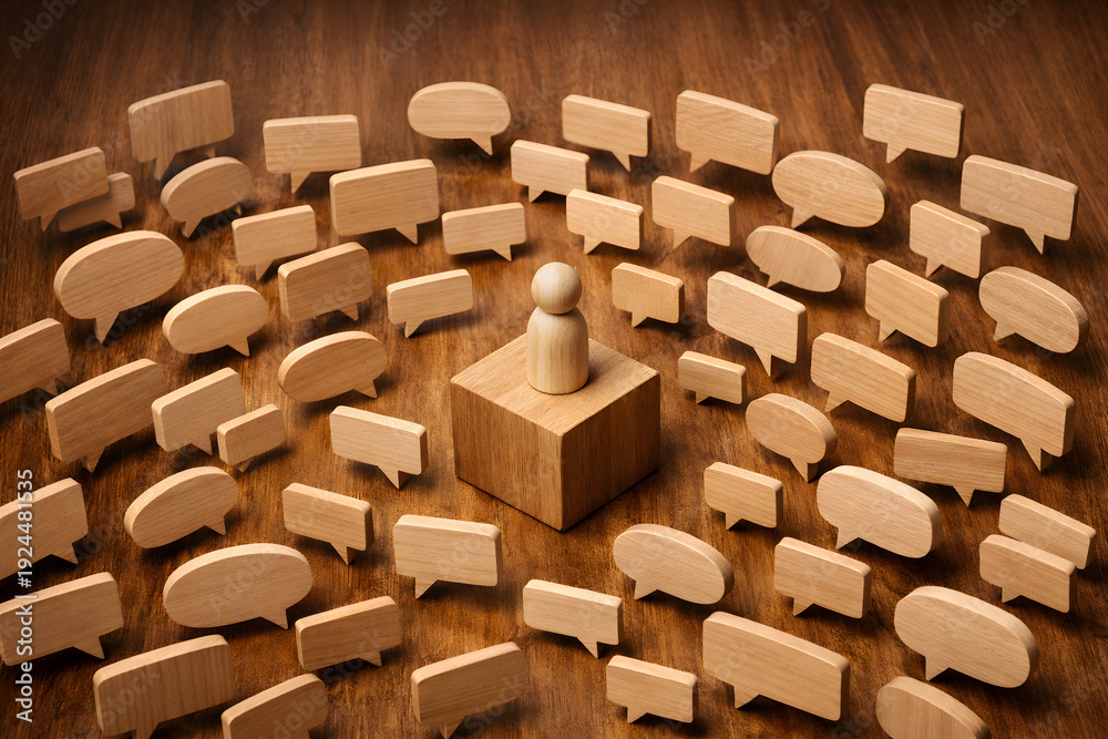 Obraz premium Wooden figure on cube surrounded by speech bubbles representing communication leadership and public opinion