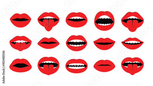 Collection of diverse mouth and lip illustrations in a flat minimalist style showcased from a straightforward viewpoint
