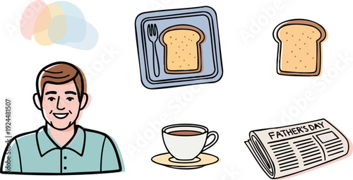 Minimalist vector art smiling man with blue shirt coffee cup bread slice and fathers day newspaper flat design pastel colors png svg canva elements