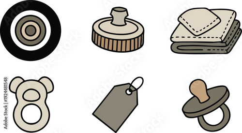 Hand drawn vector icons set of beige and brown baby objects pacifier rattle tag fold cloth and round toy in minimalist sketch style suitable for canva svg and png design
