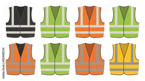 Collection of various safety vests in different colors and designs, cartoon illustration, workplace setting, reflective materials, high visibility garments