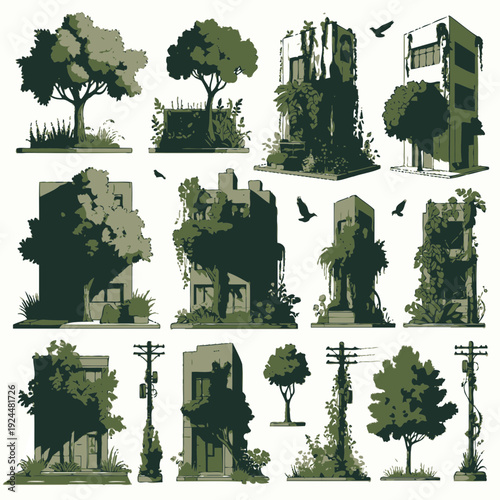 Abandoned Buildings and Trees vector