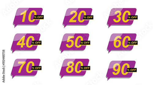 10–90 Percent Off Discount Banner Set – Purple Sale Tags for Retail Promotions & Price Reductions