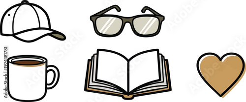 Minimalist vector icons collection with coffee cup baseball cap sunglasses open book and heart shape in flat design style suitable for canva svg png usage