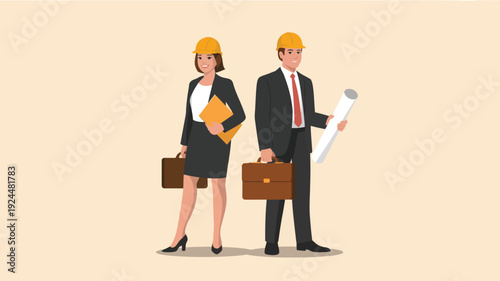 Cartoon style illustration of professionals in business attire and hard hats holding briefcases and documents standing together