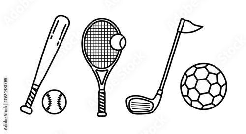 Collection of sports equipment including baseball bat, tennis racket, golf club, and soccer ball