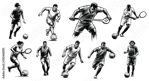 Diverse athletes in dynamic poses, showcasing soccer, tennis, and basketball actions