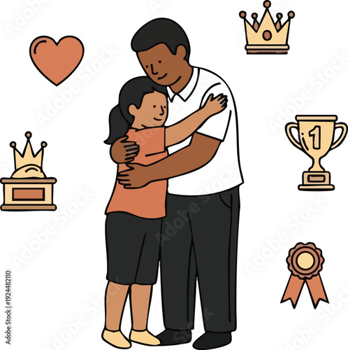 Minimalist vector art of father and daughter hugging with crown trophy heart and award icons around in simple flat design style
