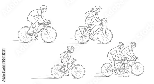 Diverse group of cyclists enjoying a ride, from solo riders to a pair and a child