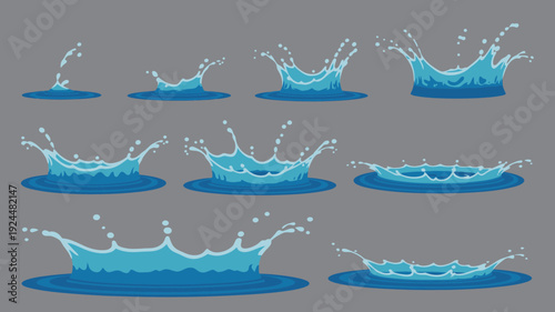 Collection of blue water splash illustrations on gray background viewed from directly above